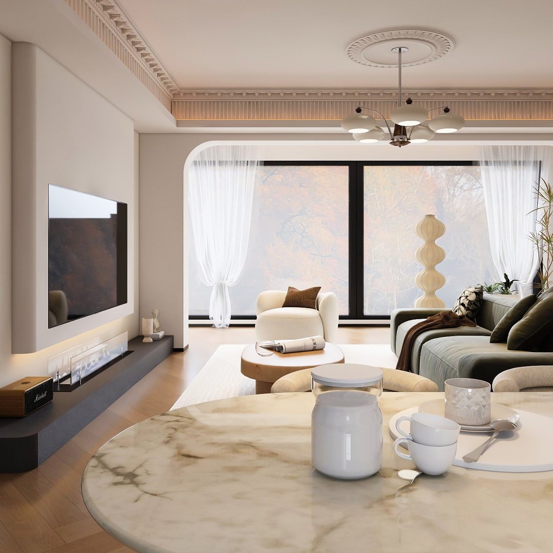 Floating custom TV console and marble-look coffee table in a modern French living room