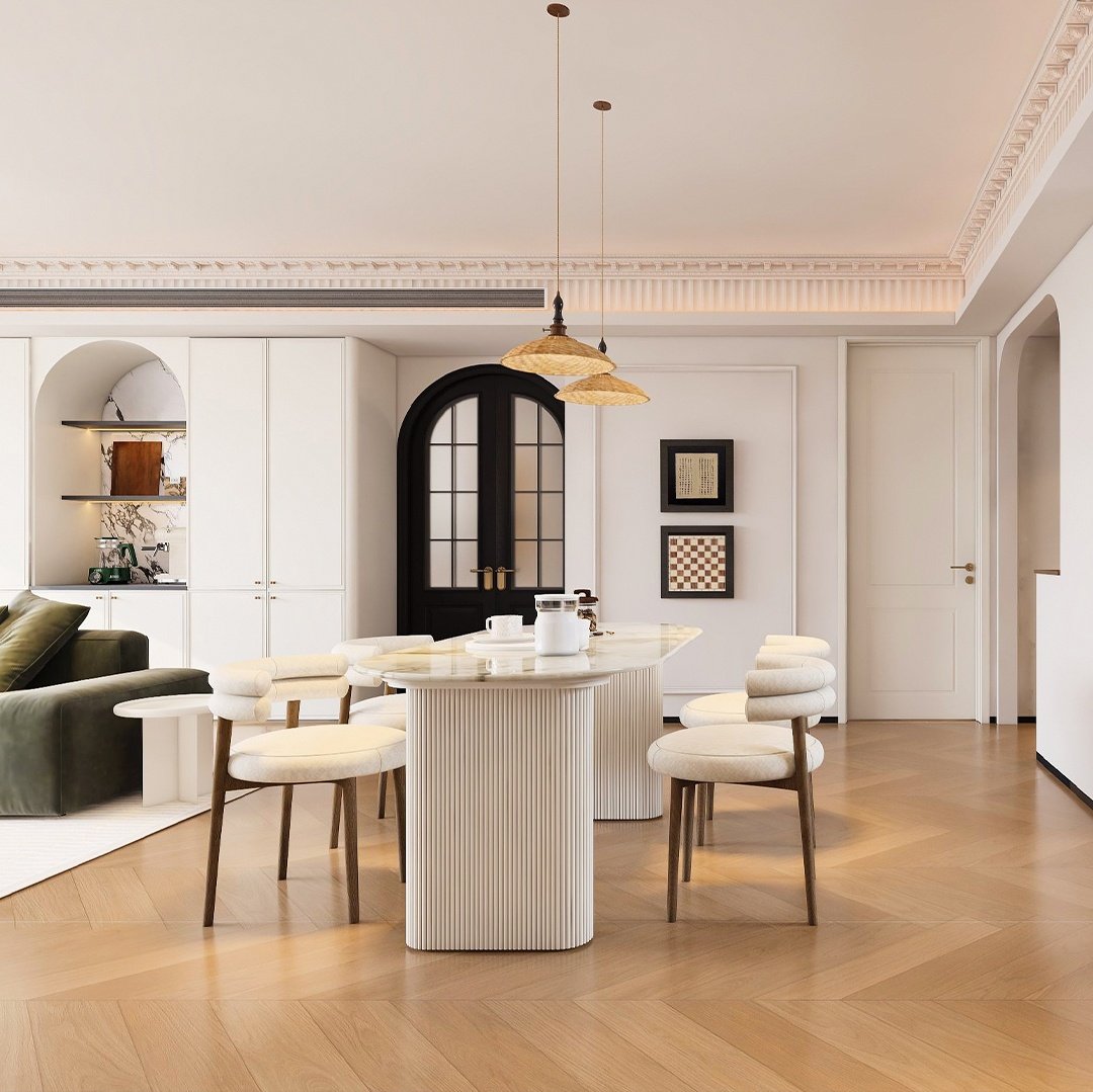 Round marble dining table with rattan pendant light and open shelving in a custom sideboard