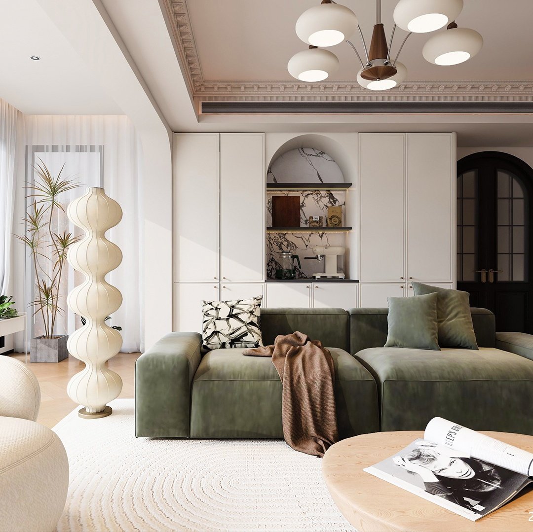 Arched display niches and symmetrical custom cabinetry with a sculptural floor lamp