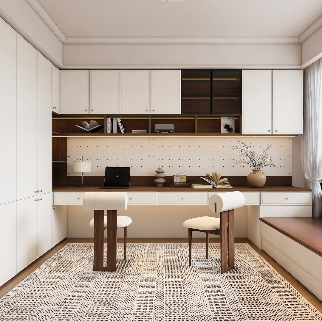 Home office with built-in wall cabinets, pegboard storage, and a storage window seat